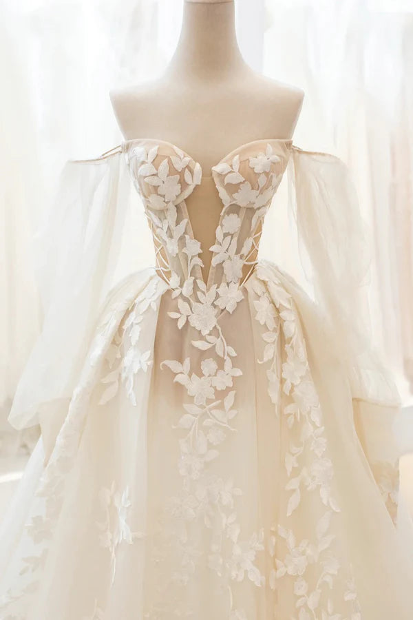 Wholesale Champagne Lace Long A-Line Ball Gown Off the Shoulder Evening Party Dress